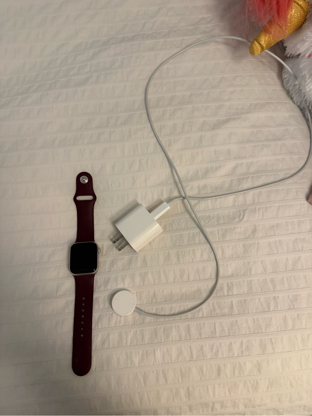 Apple Watch with Maroon Silicone Band and White Charger